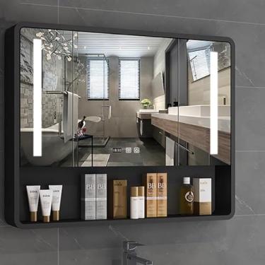 Imagem de Armário De Remédios Com Espelho De Vaidade De Banheiro Montado Na Parede Com Armário De Espelho Emoldurado De Madeira Antiembaçante Interruptor De Toque Inteligente Retângulo, A, 60CM