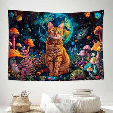 Imagem de LATETOMT 152,4 x 111,8 cm desenho animado gato anoitecer gato anime crianças pendurar na parede universo estrelas arte tapeçarias para sala de estar quarto dormitório decoração de parede LTMTADJ989