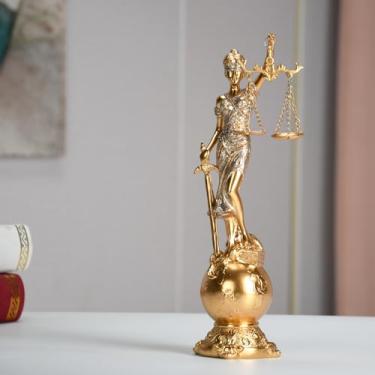Imagem de KalyZ@rts Estátua da Senhora Justiça no globo 31,2 cm - Escultura de artesanato de resina com espada e escamas, decoração de escritório de advogado, presente de estudante de direito, ornamento de