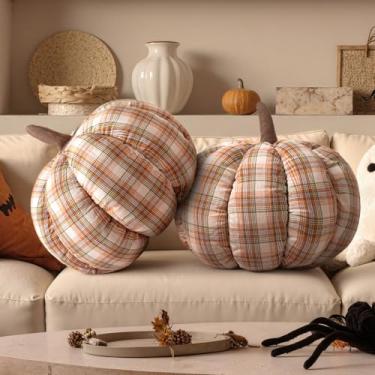 Imagem de Lanpn Conjunto de 2 almofadas de abóbora de outono, decoração de Halloween, almofada macia e fofa em forma de 3D para sofá, sofá, quarto, outono, Ação de Graças, decoração de Halloween (xadrez A, 32 x