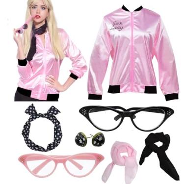 Imagem de Tcairzl Halloween Cosplay Supplies feminino retrô rosa jaqueta fantasia 1950 com cachecol de gola de bolinhas conjunto de acessórios (borda rosa preta, 3GG)