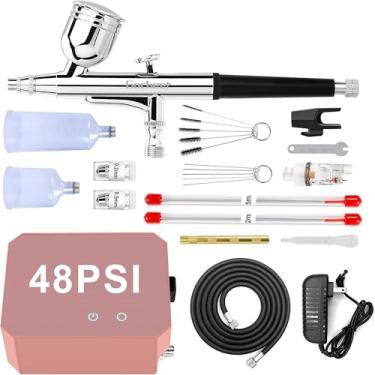 Imagem de Gocheer Kit de aerógrafo com compressor de ar, escova de ar de alta pressão 40 48 PSI sem entupimento com conjuntos de bocal/limpeza de 0,2/0,3/0,5 mm, ideal para pintura, modelagem, decoração de