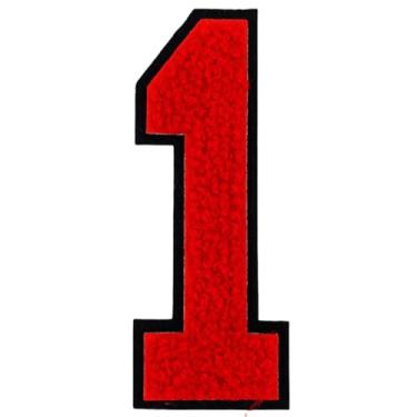 Imagem de 1 peça de patch de número de chenille vermelho de 10 cm com borda preta, remendos de ferro para chapéus, bolsas, mochilas, jeans, jaquetas, par com remendos iniciais, letra grande universitária