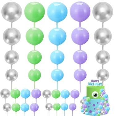 Imagem de FYSUIMU 41 Pcs Cartoon Monster Mini Balls Cake Toppers Green Purple Silver Blue Foam Ball DIY Cake Picks Insert Decoration for Happy Birthday Baby Shower Party Supplies