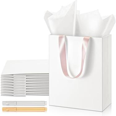 Imagem de Yeaqee Pacote com 12 sacos de presente brancos com papel de seda com alça de ouro rosa, 22 x 18 x 8,15 cm, sacos de papel de agradecimento, bolsa de presente de 5 sentidos para ele, aniversário