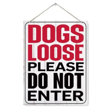 Imagem de Sinal de alerta para cães, cães soltos, não insira sinais, cuidado com o cachorro, decoração de pendurar na parede de casa de fazenda, decoração de casa de dono de cachorro para portão de porta