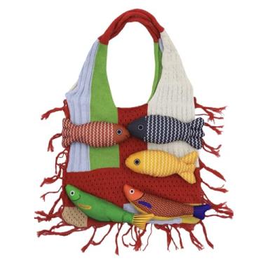 Imagem de Bolsa feminina de malha de grande capacidade, bloco de cores, boêmia, com franja de crochê, Hobo, bolsa de ombro, feita à mão, decoração de peixe, Vermelha (bloco de cores), One Size