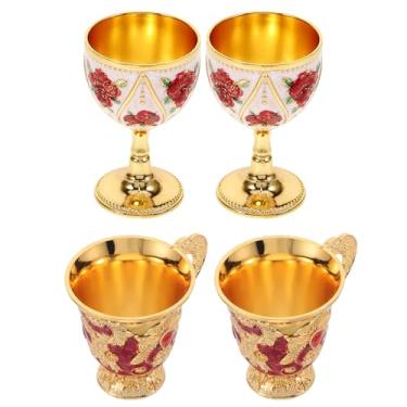 Imagem de LOGOFUN 4 peças vintage cálice cálice cálice copo pequeno vinho em relevo copos de metal shot para licor comunhão real medieval casa bar - ouro vermelho