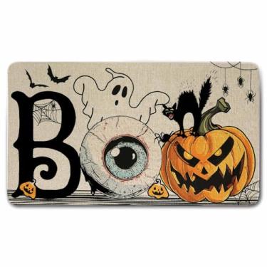 Imagem de QXWREL Tapete de porta de abóbora de Halloween, tapete de entrada de borracha antiderrapante, Boo! Capachos de boas-vindas de gato preto abóbora fantasma, entrada discreta, tapete de boas-vindas ao ar