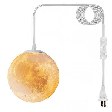 Imagem de JLOWCO Luminária pendente de lua plug-in com interruptor e cabo, lâmpada de teto de LED regulável em 3 cores para quarto ou berçário, luz noturna lunar branca (quente, neutra, branca, lâmpada LED
