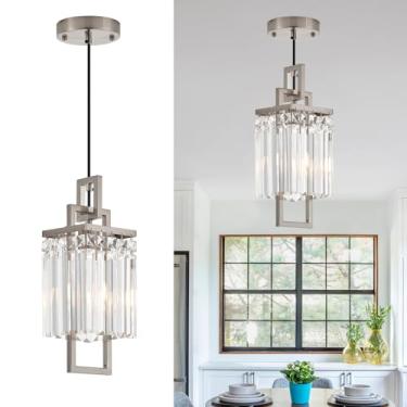 Imagem de Lighceac Luminária pendente moderna de níquel escovado para ilha de cozinha e sala de jantar, lustre de cristal pequeno industrial pendurado para quarto, entrada, sala de estar, hall de entrada