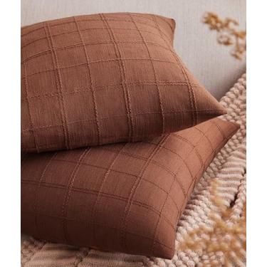 Imagem de ZeeMart Conjunto de 2 capas de almofada xadrez de linho, 61 x 61 cm, terracota em toda a grade, grade dupla face decorativa de fazenda bordada, capas de almofada de sofá de algodão enferrujado
