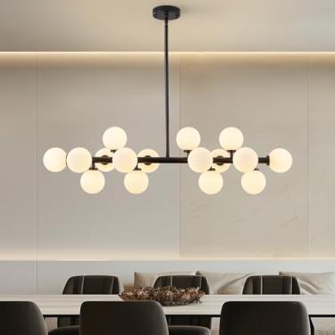 Imagem de PiWWPi Lustre Sputnik Globo de Vidro, Luminária Moderna de Meados do Século 16 Luzes sobre Mesa, Lustres Lineares para Sala de Jantar, Ilha de Cozinha, Bolha Preto e Branco Leite, 101 cm, GC-02