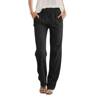 Imagem de Calças femininas JEKAOYI, cintura alta, com cordão, pretas retas