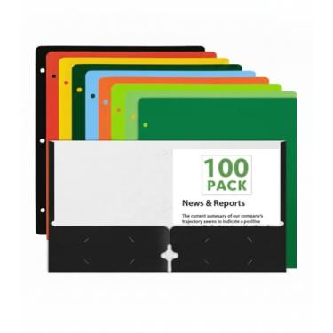 Imagem de 100 pastas escolares de plástico com bolsos a granel 2 pastas de plástico com porta-cartões de visita para escola, crianças, documentos de trabalho, material de escritório, 8 cores (pacote com 100