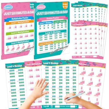 Imagem de Livro de exercícios de multiplicação e divisão, planilhas matemáticas de dois e três dígitos para grau 2-5, planilhas de prática de multiplicação e divisão para idades de 7 a 11 anos, 2 pacotes para