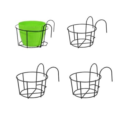 Imagem de ccsxqy Pacote com 4 vasos suspensos para varanda – vasos de flores redondos de metal com gancho de corrimão, cesta suspensa ao ar livre para cerca, pátio ou jardim (preto)