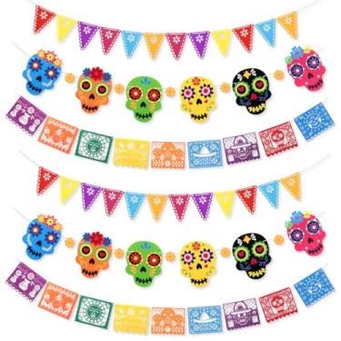 Imagem de TaoBary Pacote com 6 bandeiras de feltro do Dia dos Mortos, pré-amarrada Dia De Los Muertos Sugar Skull Guirlanda suspensa colorida para festa mexicana