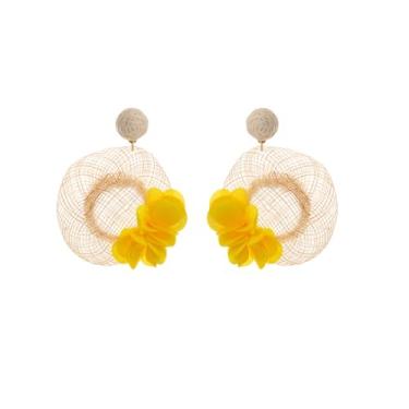 Imagem de Boho Rafia Sol Chapéu de Palha Brincos Pendentes para Mulheres - Boho Declaração Tecido Flor Pétala Trançada Charme Pingente Brinco Brinco de Verão Praia Leve Acessórios Moda Joias