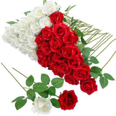 Imagem de Buquê de flores artificiais Hoemwarm, rosa vermelha e branca x36