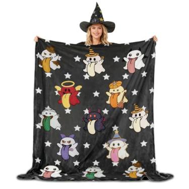 Imagem de Cobertor de Halloween Fantasma Abóbora Teias de Aranha 300 g/m2 de Lã Reversível Ultra Macio Quente Cobertor Decorativo Presente para Sofá Cadeira Sofá Sala de Estar Cama 127.0 cm x 177.8 cm (Fantasma