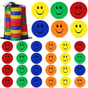 Imagem de Soulchen Discos de hóquei no gelo com 30 peças, diâmetro de 7,6 cm de espessura, 2,5 cm Happy Emotion Joelho Indoor Ice Hockey com bolsa de malha para prática e decoração de presente de aniversário de