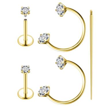 Imagem de Hoeudjo Anel de nariz em ferradura de 18 G, aço cirúrgico, roscado internamente, brincos de nariz com costas planas para mulheres piercing de nariz com gema dupla, tamanho 8 mm, Metal, Zircônia cúbica
