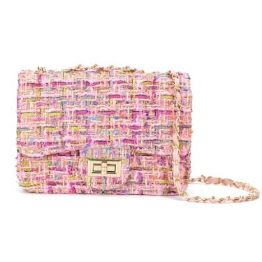 Imagem de TXMAQQ Bolsa feminina quadrada xadrez de tweed, bolsa de ombro moderna de grande capacidade, bolsa de mão com corrente cruzada, bolsa de mão, Rosa 5
