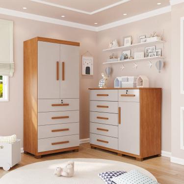 Imagem de Quarto Infantil Guarda-Roupa 2 Portas 4 Gavetas e Cômoda 1 Porta 6 Gavetas Anne Espresso Móveis Cinamomo / Off White