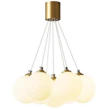 Imagem de Lustre de bolhas de meados do século, lustre de vidro leitoso com bola de vidro, luminária pendente de latão com escada, luminária de teto vintage para mesa de jantar, sala de estar, quarto,