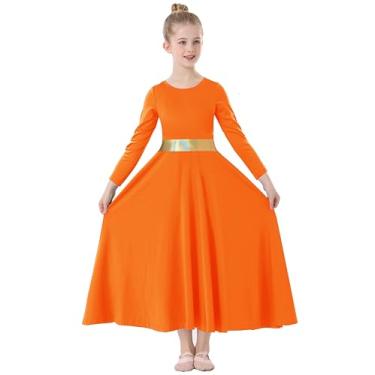 Imagem de TLMNU Vestido de dança para meninas louvor ouro metálico adoração litúrgica igreja robe comprimento total swing fantasia lírica, 03-laranja Tag160