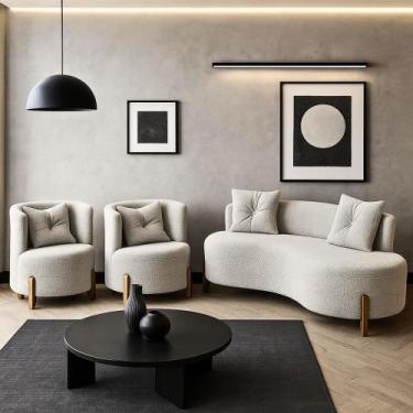 Imagem de Conjunto 2 Poltronas + Sofá Curvo Orgânico Luna Boucle Cinza Claro Pés