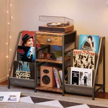 Imagem de Suporte para toca-discos com gaveta, mesa de toca-discos com armazenamento de discos de vinil de até 280 álbuns, suporte giratório com prateleira de exibição, armário de gravação para áudio estéreo de