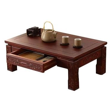 Imagem de Mesa de centro antiga, mesa de chá de madeira baixa estilo com gavetas, para tatame, quarto, janela de sacada, sala de chá (cor de café clara 70 x 45 x 30 cm)