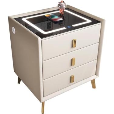 Imagem de Mesa de cabeceira inteligente, armário de cabeceira com gavetas, mesa de cabeceira com estação de carregamento, mesa de cabeceira de LED de madeira maciça, mesa branca com 3 gavetas, mesa moderna