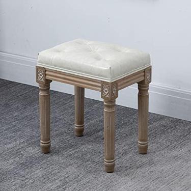 Imagem de Banqueta de madeira rústica, banco de jantar estofado francês, banco tufado de quarto vintage, banco acolchoado para pés otomano para quarto de estar - couro bege 40 x 30 x 46 cm (16 x 12 x 18