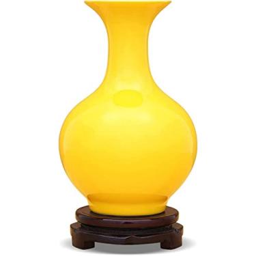 Imagem de LIFOND Vaso de flor vaso de cerâmica amarelo puro chinês retrô feito à mão vasos de porcelana 37 cm grande decoração vaso de flores com base vaso de flores decoração de mesa (C)