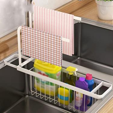 Imagem de P9IDEDFH Toalha de cozinha grossa rack de pano de lavar louça multifuncional pia esponja armazenamento rack pia rack de drenagem telescópica (cor: branco) (branco)