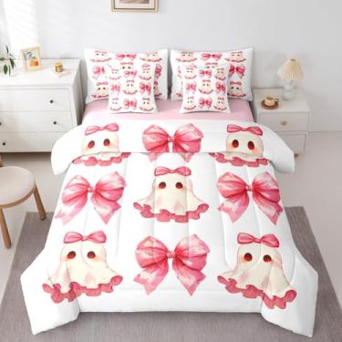 Imagem de Erosebridal Jogo de cama casal com estampa de fantasma de laço vermelho com laço de coquete, Halloween, para meninos, meninas, crianças, gótica, assustadora, em uma bolsa com lençol de cima e lençol