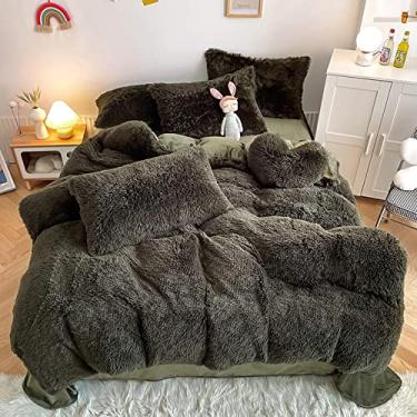 Imagem de Conjunto de capa de edredom felpudo de pele sintética, conjunto de cama ultra macio, conjunto de 4 peças de capa de edredom espesso mantém quente com fronhas de cama - verde claro Queen 200 x 230 cm