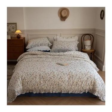 Imagem de Conjunto de capa de edredom floral 100% algodão e fronha macio e respirável com borda de babados (1 200 x 230 cm)