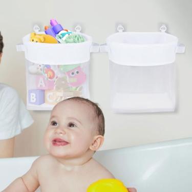Imagem de 2 organizadores de brinquedos de banho, organizador de armazenamento de brinquedos para banheira, suporte de brinquedo de banheira com suspensão de canto, organizador de brinquedos de banho de malha