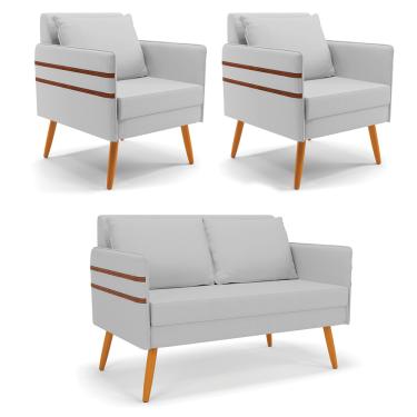 Imagem de Kit 01 Namoradeira 02 Lugares e 02 Poltronas Mari Linho Cinza A05 Pés Palito Castanho - D'Rossi