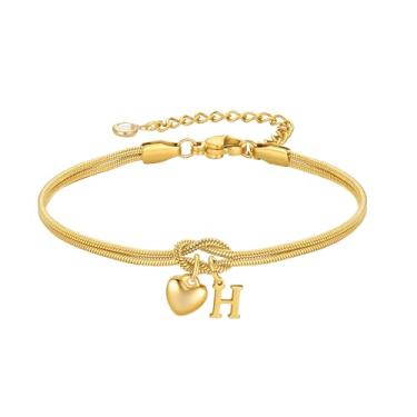 Imagem de M MOOHAM Pulseiras femininas com nó inicial banhado a ouro 18 quilates com nó inicial para mulheres com pingente de amor com letra A-Z, joias delicadas, presentes de aniversário para dama de honra, 6