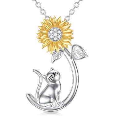 Imagem de Colar de girassol para mulheres, gatinho fofo sentado sob girassol, joias com pingente de gato olhando para cima, design de flores, presente minimalista para animais de estimação para amantes de gatos
