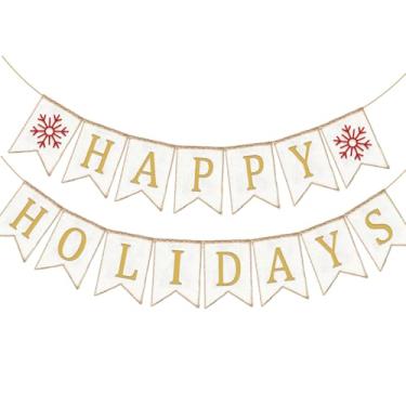 Imagem de Doumeny Faixa de serapilheira Happy Holidays Banner de serapilheira de Natal com feltro de floco de neve Feliz Natal Bunting Guirlanda dourada de festa de Natal Bandeira Be Merry Garland Bunting para