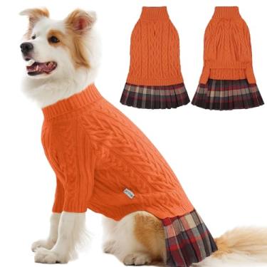 Imagem de IECOii Vestido suéter GG para cães grandes e menina, vestido de inverno de tricô para fêmeas, laranja, GG, suéter macio para meninas com saia xadrez tartan fofa de malha de gola rolê para clima frio