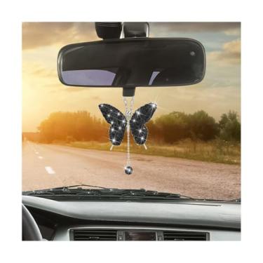 Imagem de Enfeite de borboleta brilhante para pendurar, pingentes de espelho retrovisor de veículo com strass de cristal, pingente de acessórios interiores de carro de diamante da sorte, universal para a
