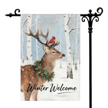 Imagem de Bandeira de jardim de boas-vindas de inverno para fora de rena de inverno cardinal chifre de neve bandeira decorativa dupla face sazonal casa de fazenda natal decoração ao ar livre 30 x 45 centímetros