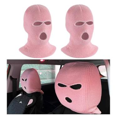 Imagem de 2 peças de capa de encosto de cabeça para carro, máscara de rosto inteiro para assento de carro divertida, proteção de máscara de esqui para decoração de descanso de assento dianteiro automotivo (rosa